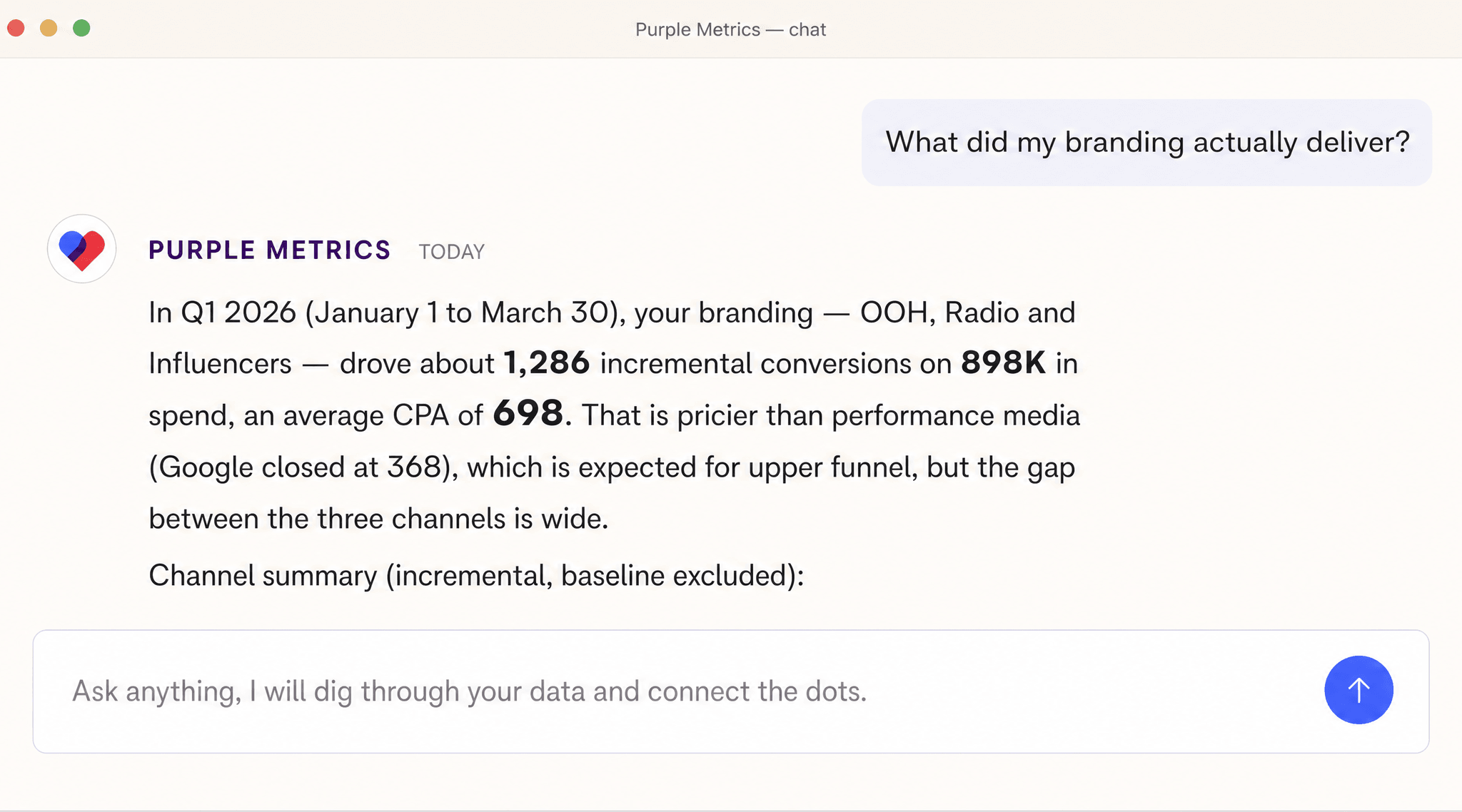 Purple chat answering a branding results question