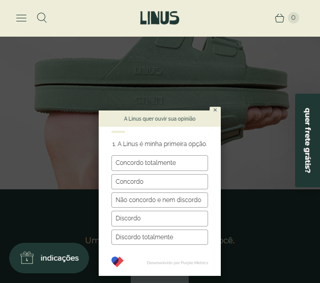 [Case] Elasticidade de marca: como a Linus usa o Purple Metrics para medir o potencial de novos lançamentos - O widget do Purple Metrics pode ser visto na home do site da Linus coletando a opinião dos consumidores sobre a marca